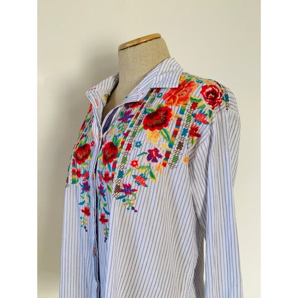 Johnny Was Small Cotton Striped WITH EMBROIDERED FLOWERS Tunic Tops - Picture 4 of 11